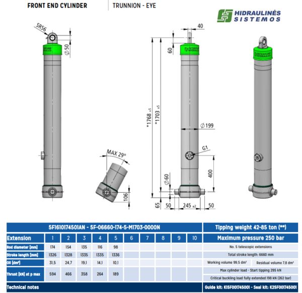 Telescopic cylinder 5-174-6660 5F IPH 5F-0660-174-5-M1703-000N
