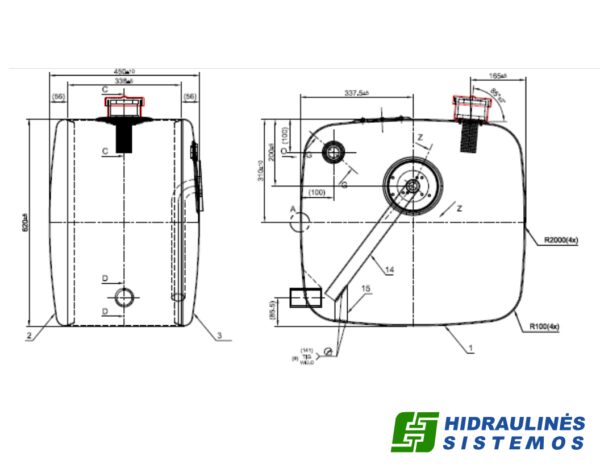 Hydraulic oil tank, side mounting 170 ltr. Aluminium 62x67x45, BSP 1'1/4, su šoniniu flanšu ir dangt