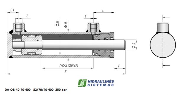 Hydraulic cylinder 82/70/40-400, without agricultural ball joint end