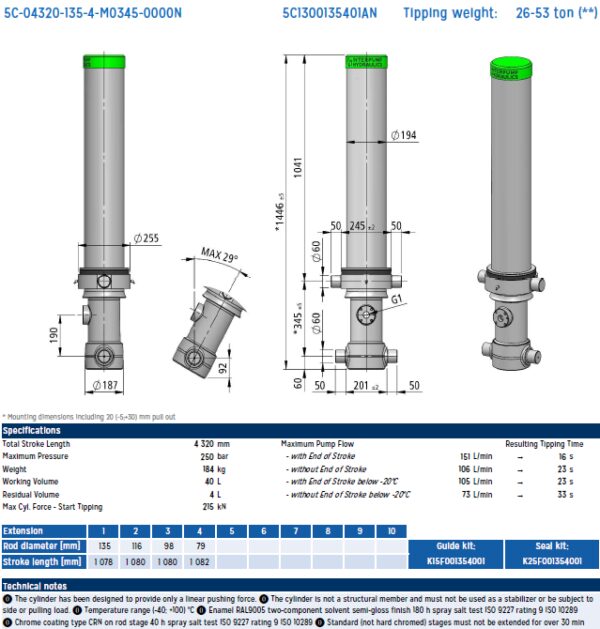 Telescopic cylinder 4-135-4320 5C IPH 5C-04320-135-4-M0345