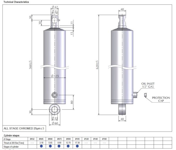Telescopic cylinder 5-105-1925 NA6 N54 L-560mm