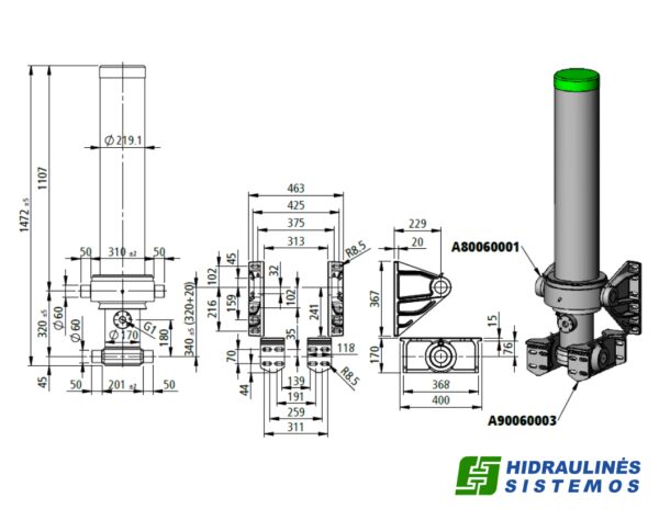 Telescopic cylinder HFC 4650 149 4 Penta, with brackets