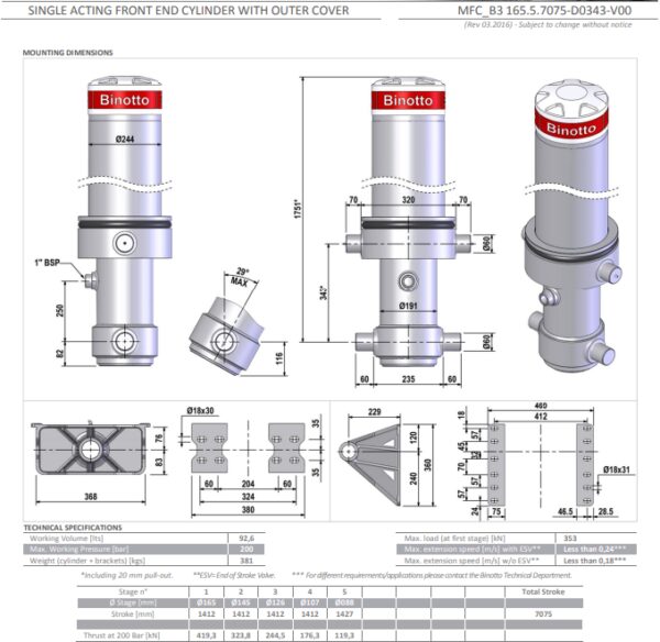 Telescopic cylinder MFC B3 165 5 7075-D0343-V00 (Binotto) with brackets