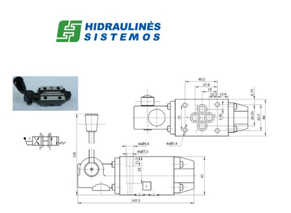 Mechanical directional valve NG6 4/3, spool type 0C P-T-A-B, with mechanical control, KVNG6M-3 H Tra