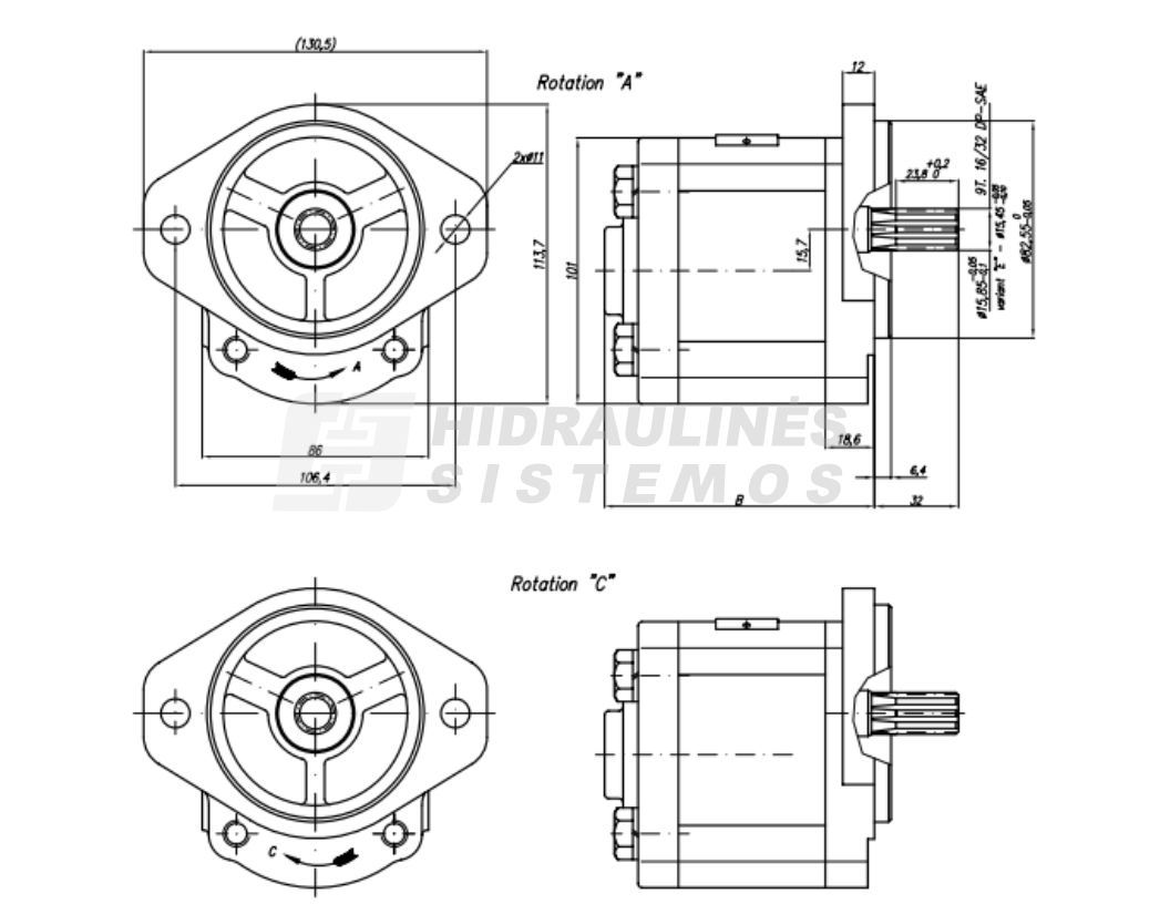GR2 23.0 cm3/r gear pump SAE/A 16/32 SINGLE WITH SIDE OR REAR PORTS