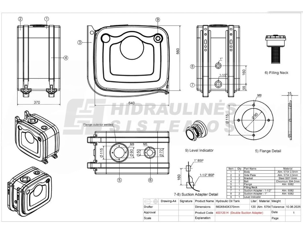 Hydraulic oil tank, side mounting 120 ltr. Aluminium 56x64x37 with double adapter
